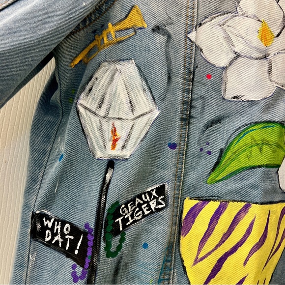 Hand Painted Louisiana Couture Denim Jacket Mardi Gras Ready! - Picture 6 of 12